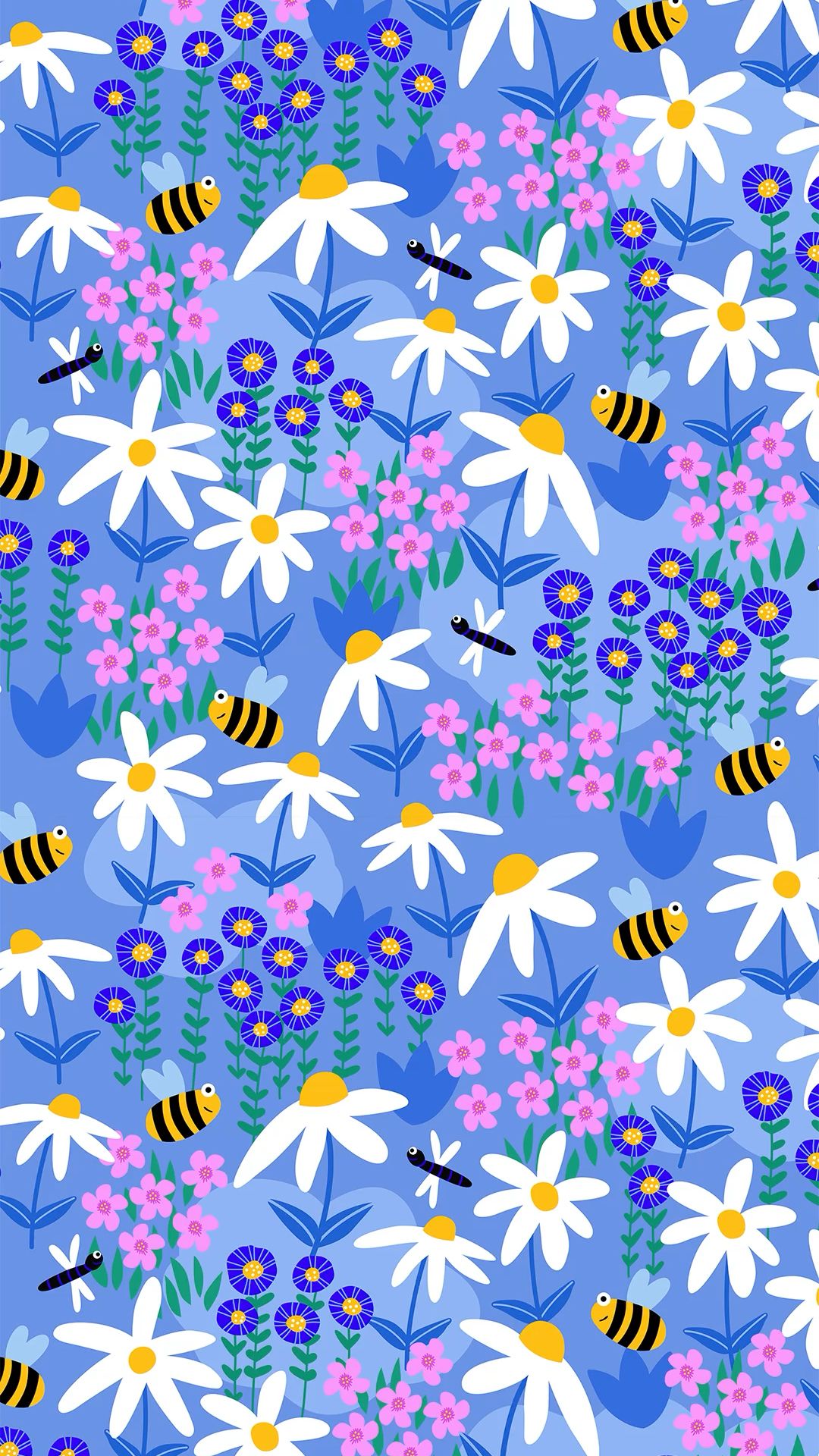 Happy bees on the blue field