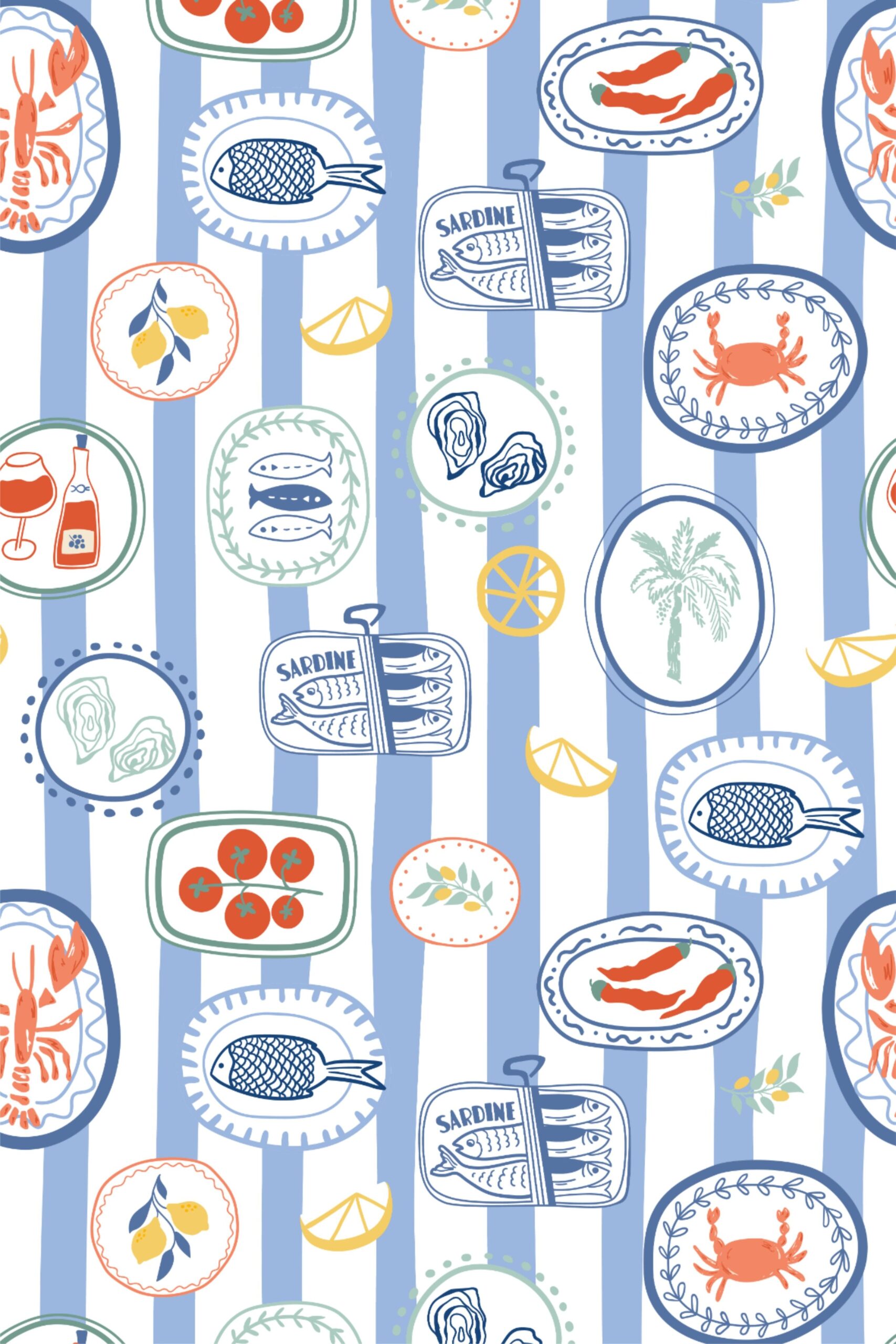 Blue striped Mediterranean summer seamless pattern. Cute Italian cuisine, lobster, crab, sardine