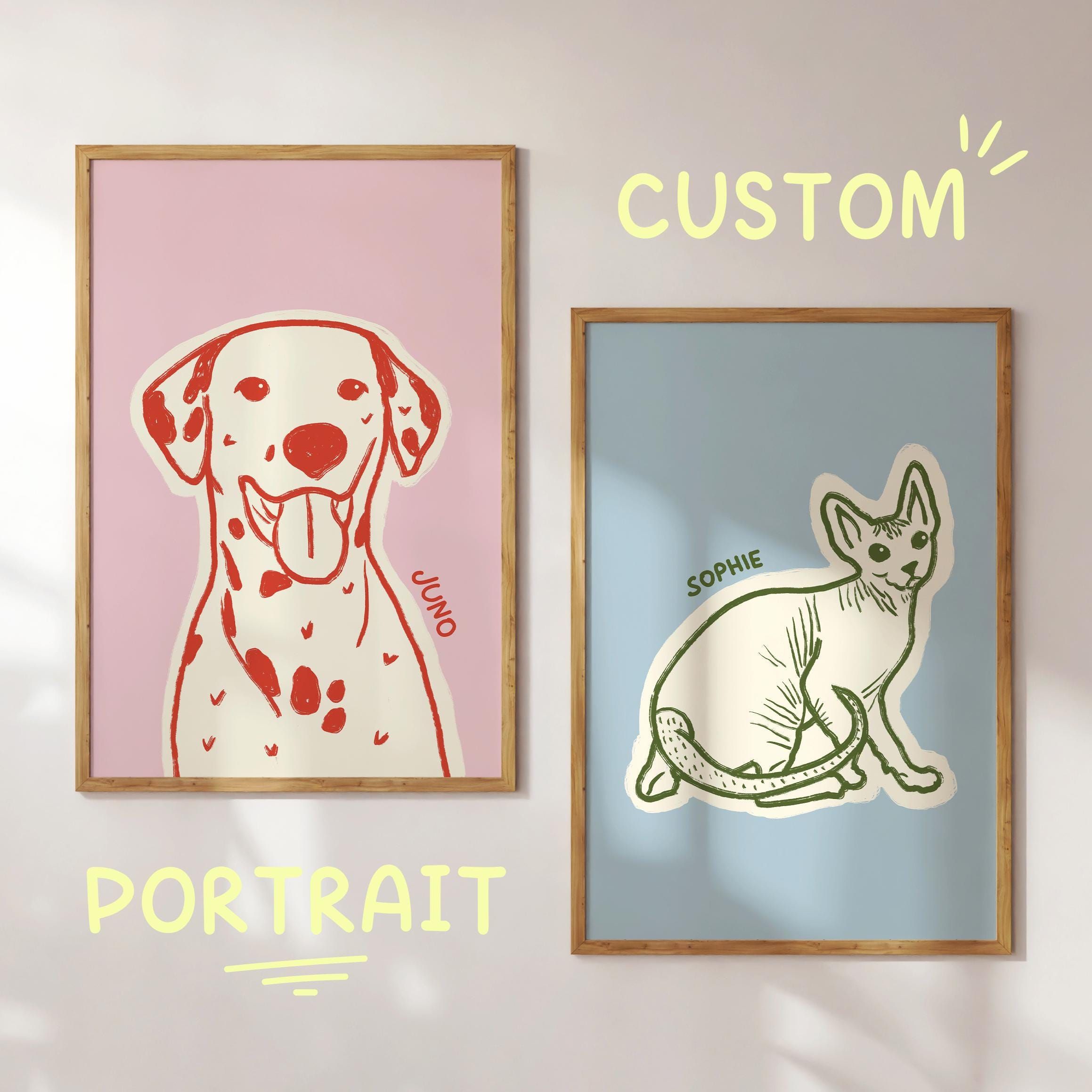 Impression d’art personnalisée portrait d’animal de compagnie pour un animal de compagnie, art mural personnalisé illustration chat chien, affiche de dessin animal génial, cadeau unique significatif