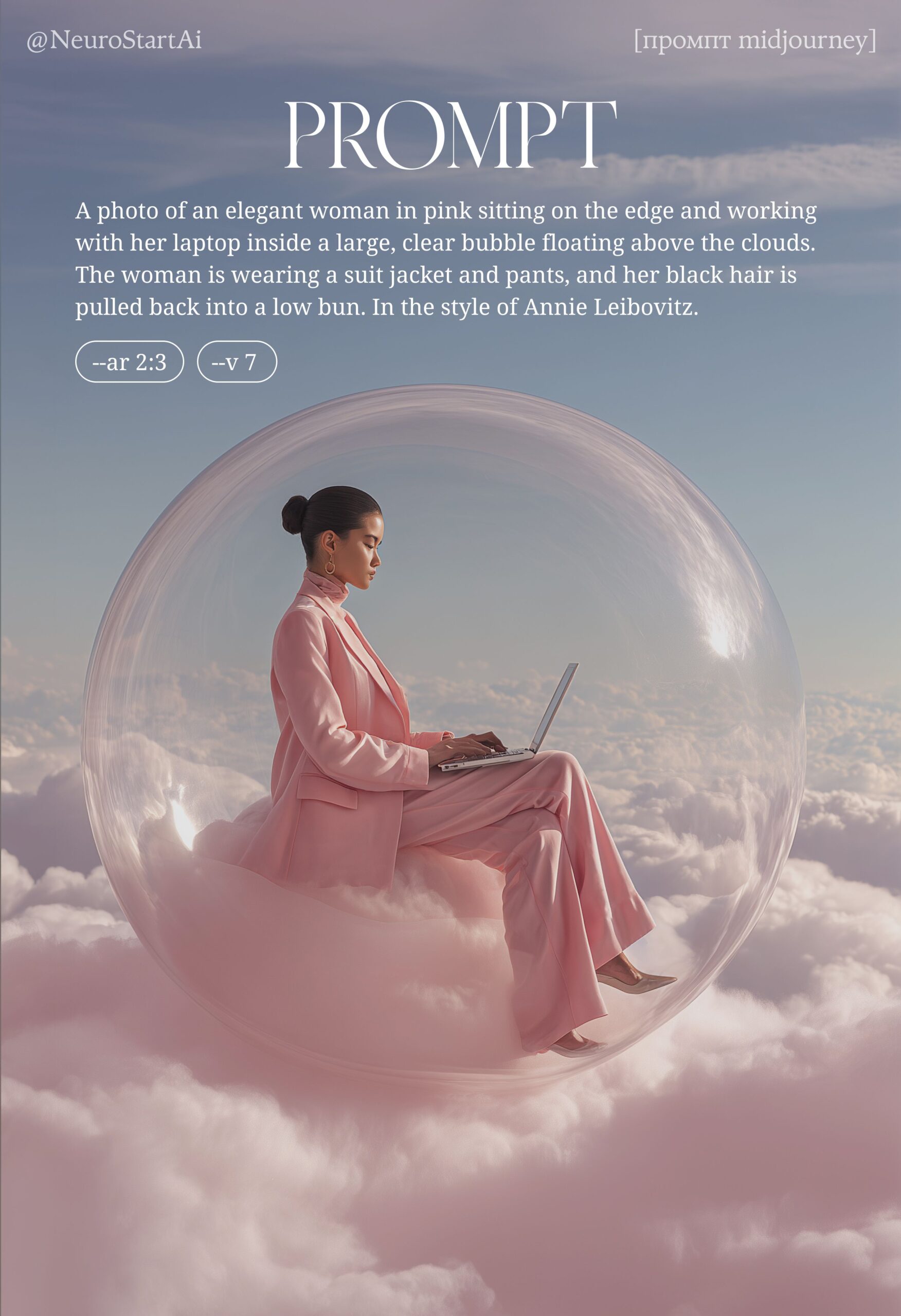 Промпт • Женщина в розовом костюме в облаках • AI art • Midjourney