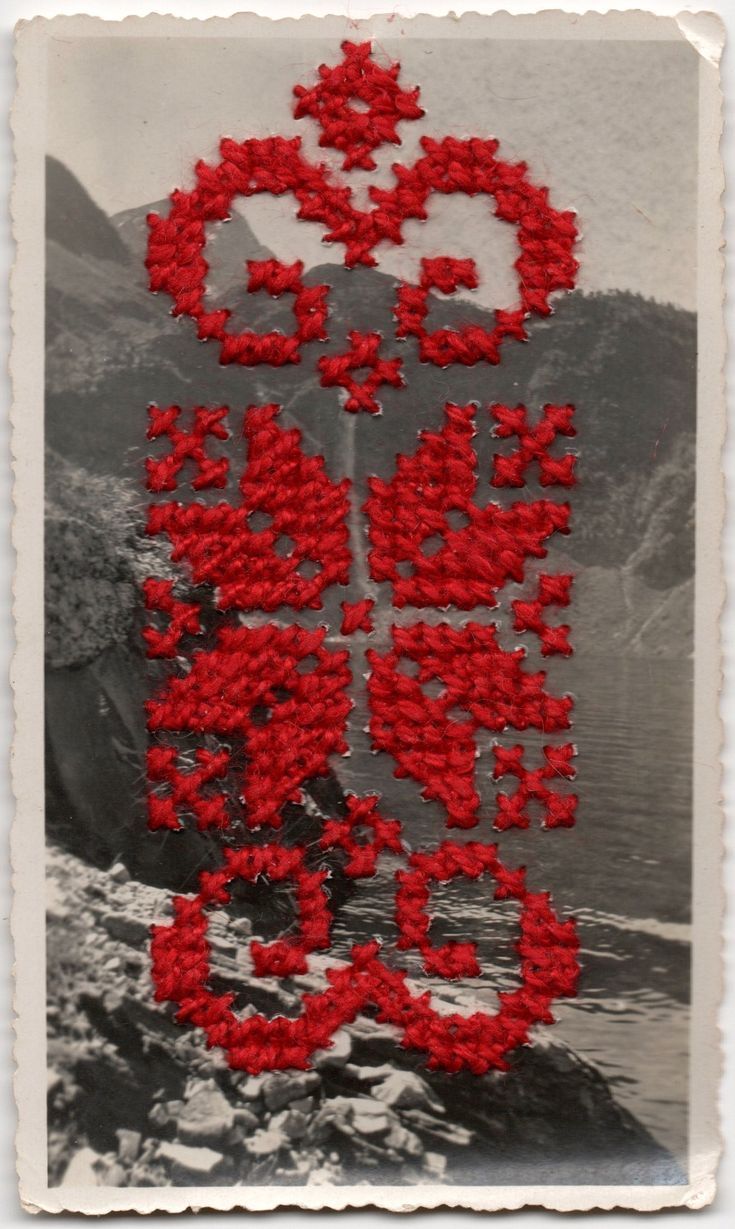 Red Embroidered Pattern on Vintage Mountain Photo | Ritual Threadwork & Memory Art