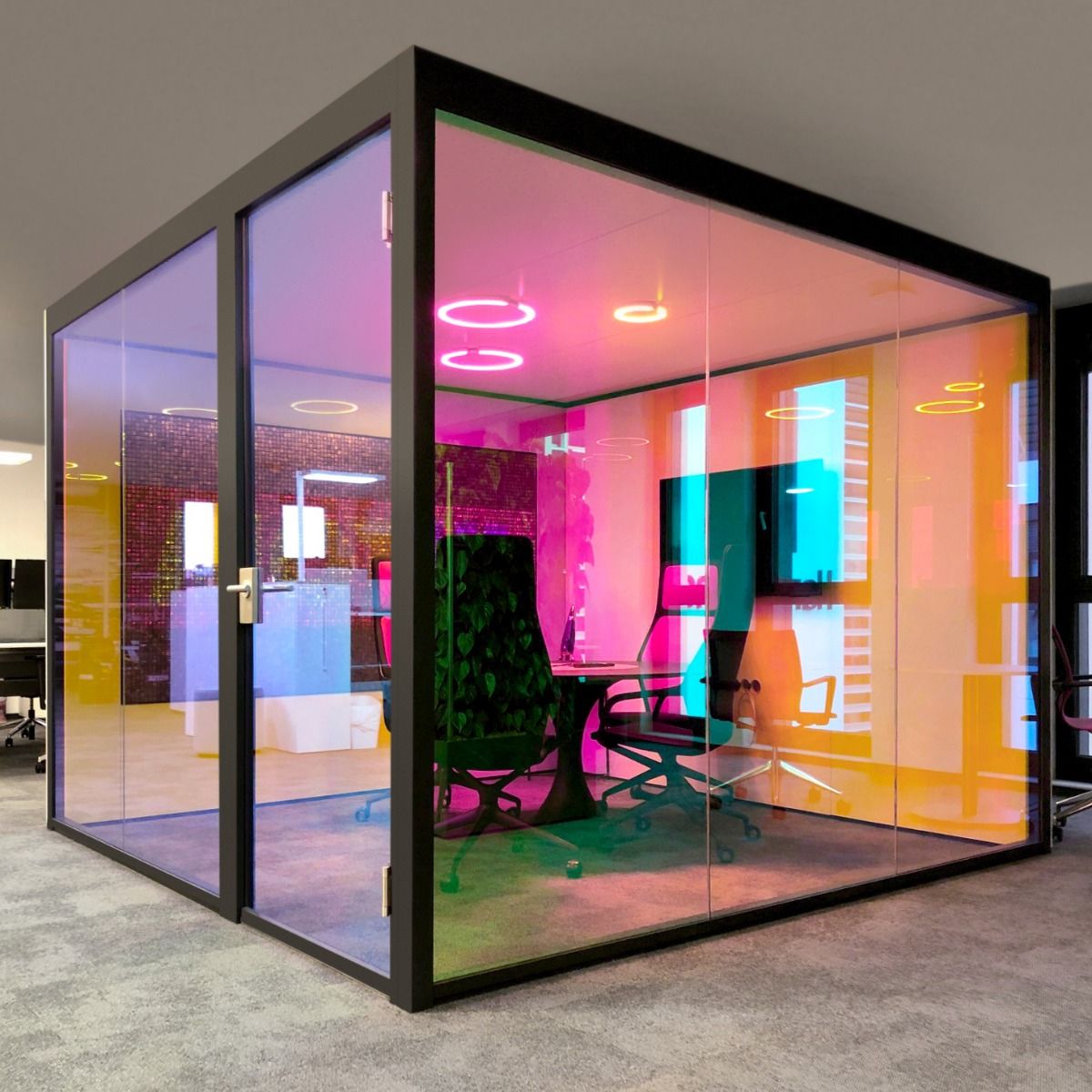 Unique Office Pod Design with Customisable Coloured Lighting