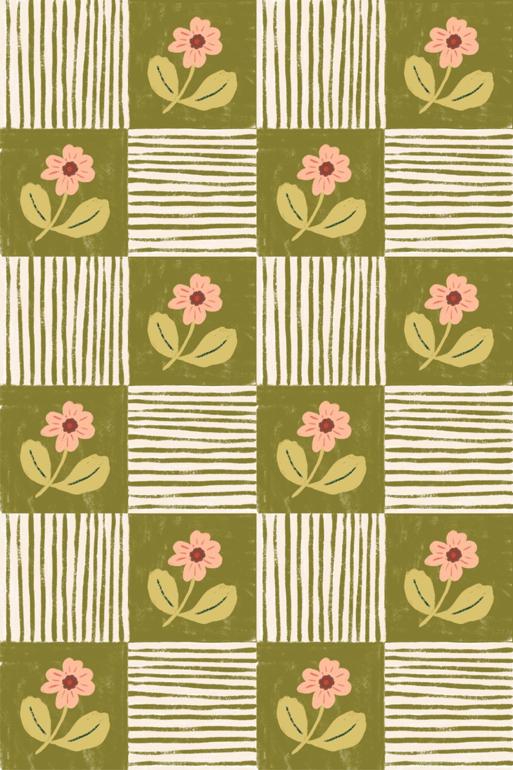 Whimsical Floral Checkerboard Pattern – Pink Flowers & Olive Green Grid