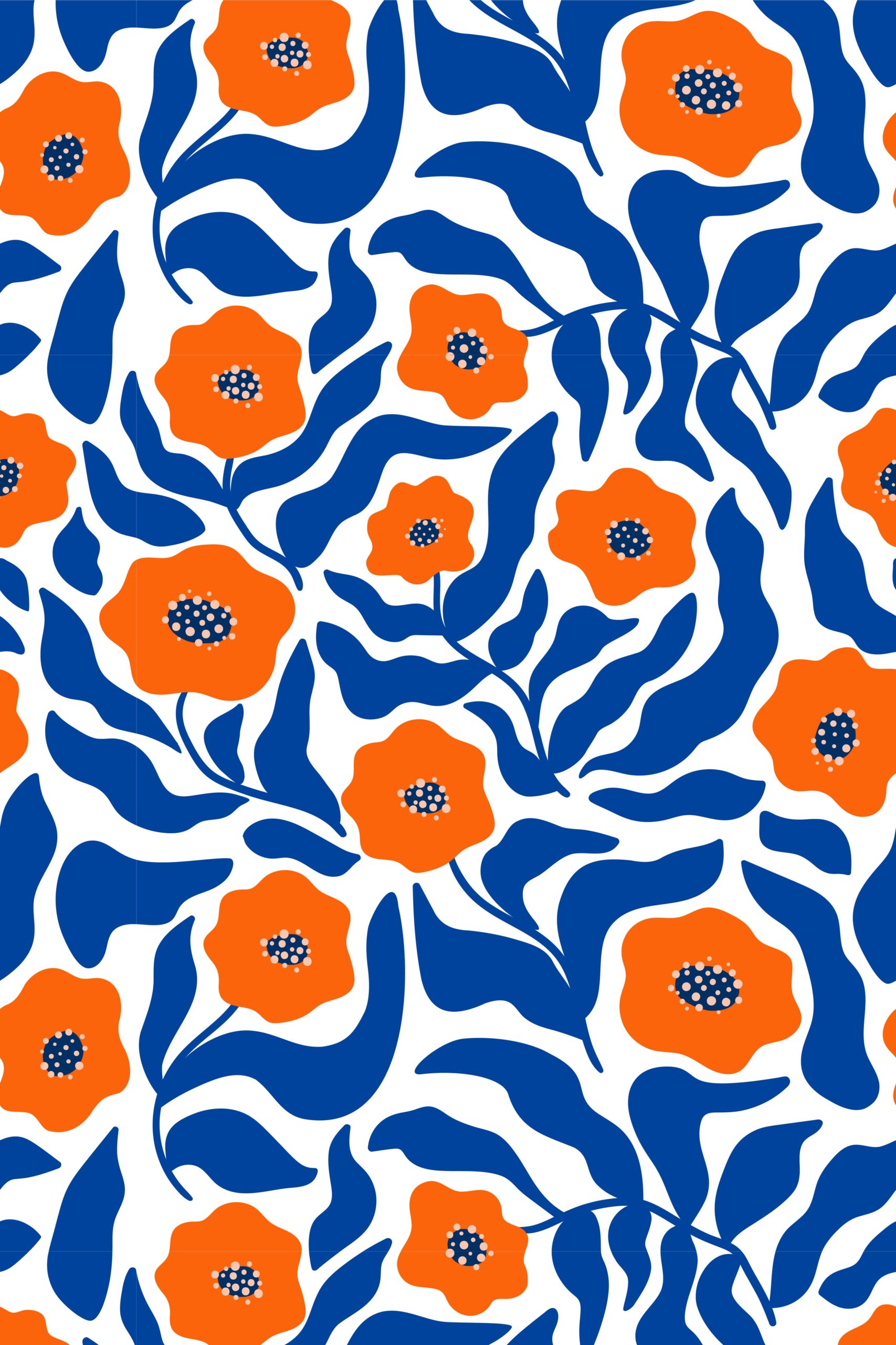 Blue Matisse inspired botanical leaves shape and abstract red flower Seamless pattern textile design