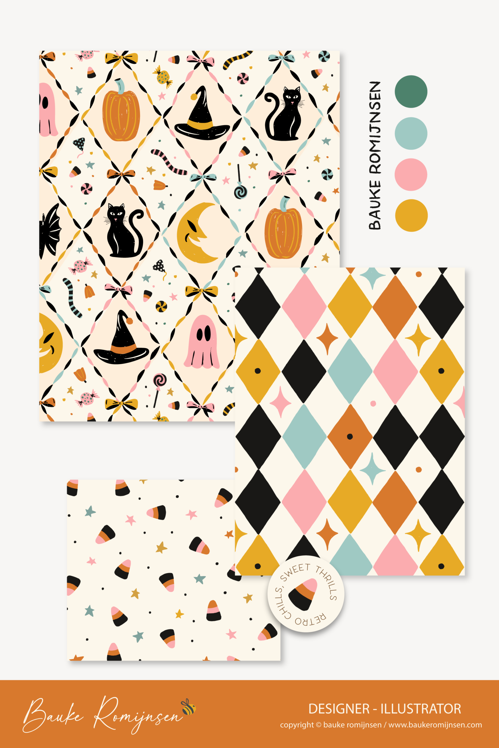 Retro Halloween mini collection – Harlequin diamonds – candy corn – stars and moons