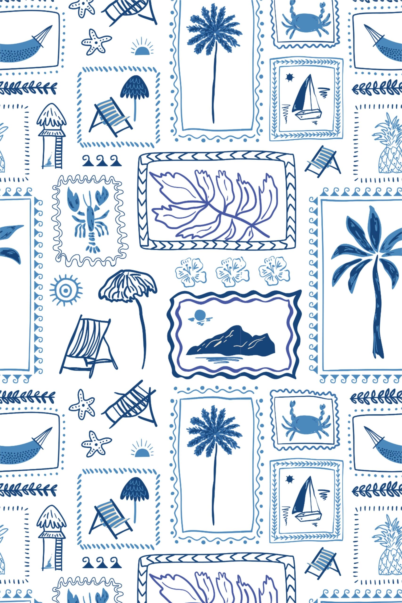 Blue summer tropical beach seamless pattern. Vector hand drawn palm tree, cute vacation story design