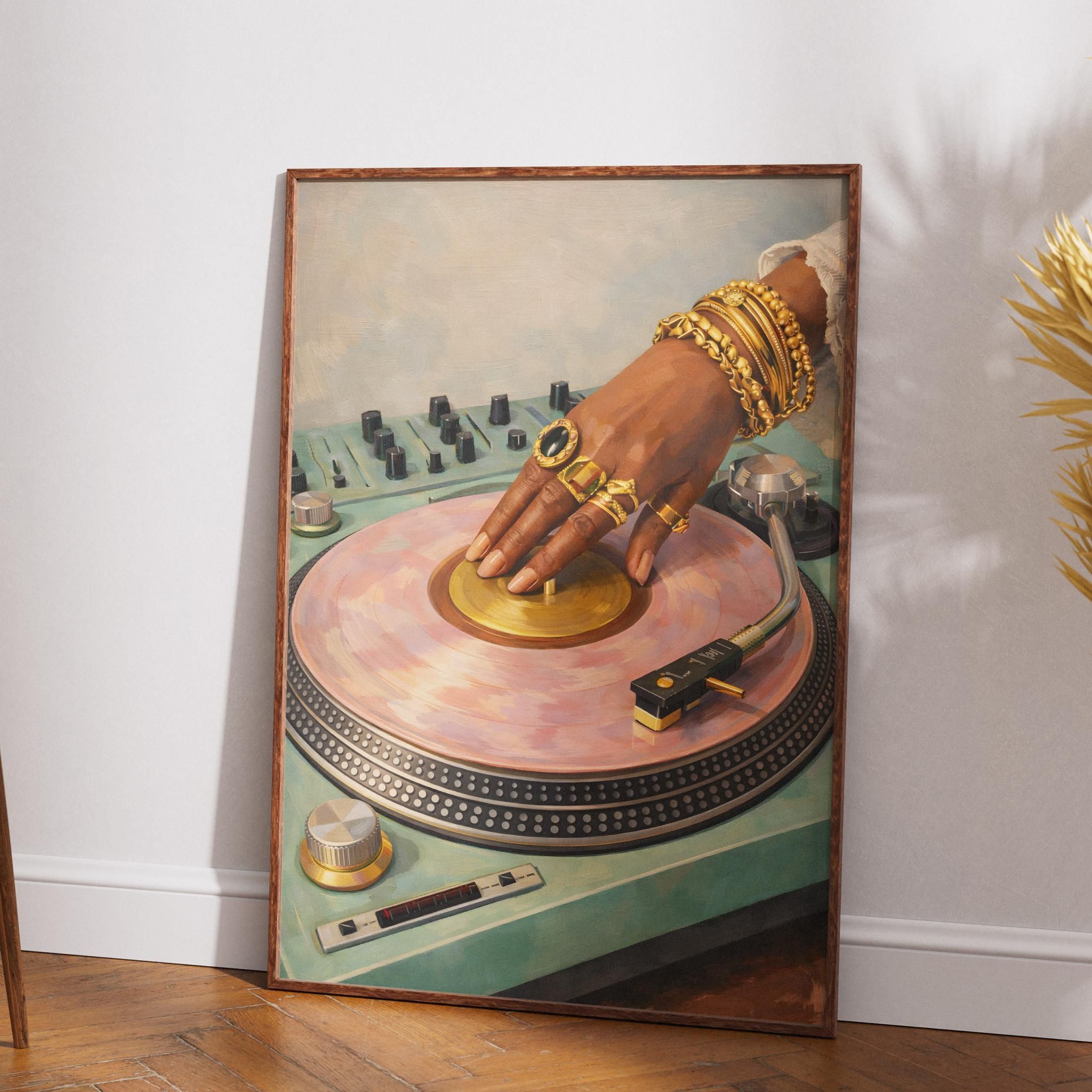 Impression d’art mural platine DJ, affiche de disque vinyle, décoration musicale rétro, oeuvre d’art à la main bijoux en or, décoration de chambre hip hop, téléchargement numérique