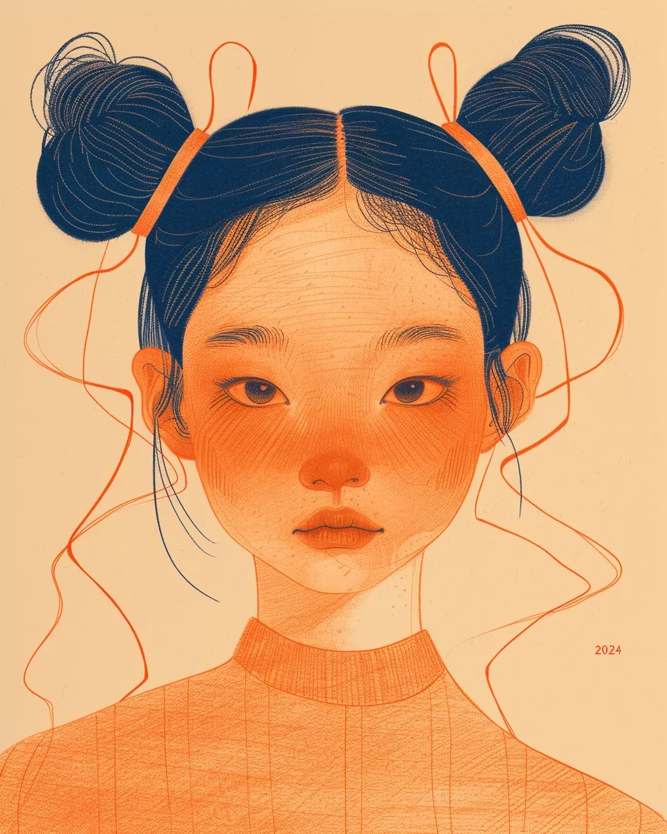 an illustration of a woman with two ponytails on her head