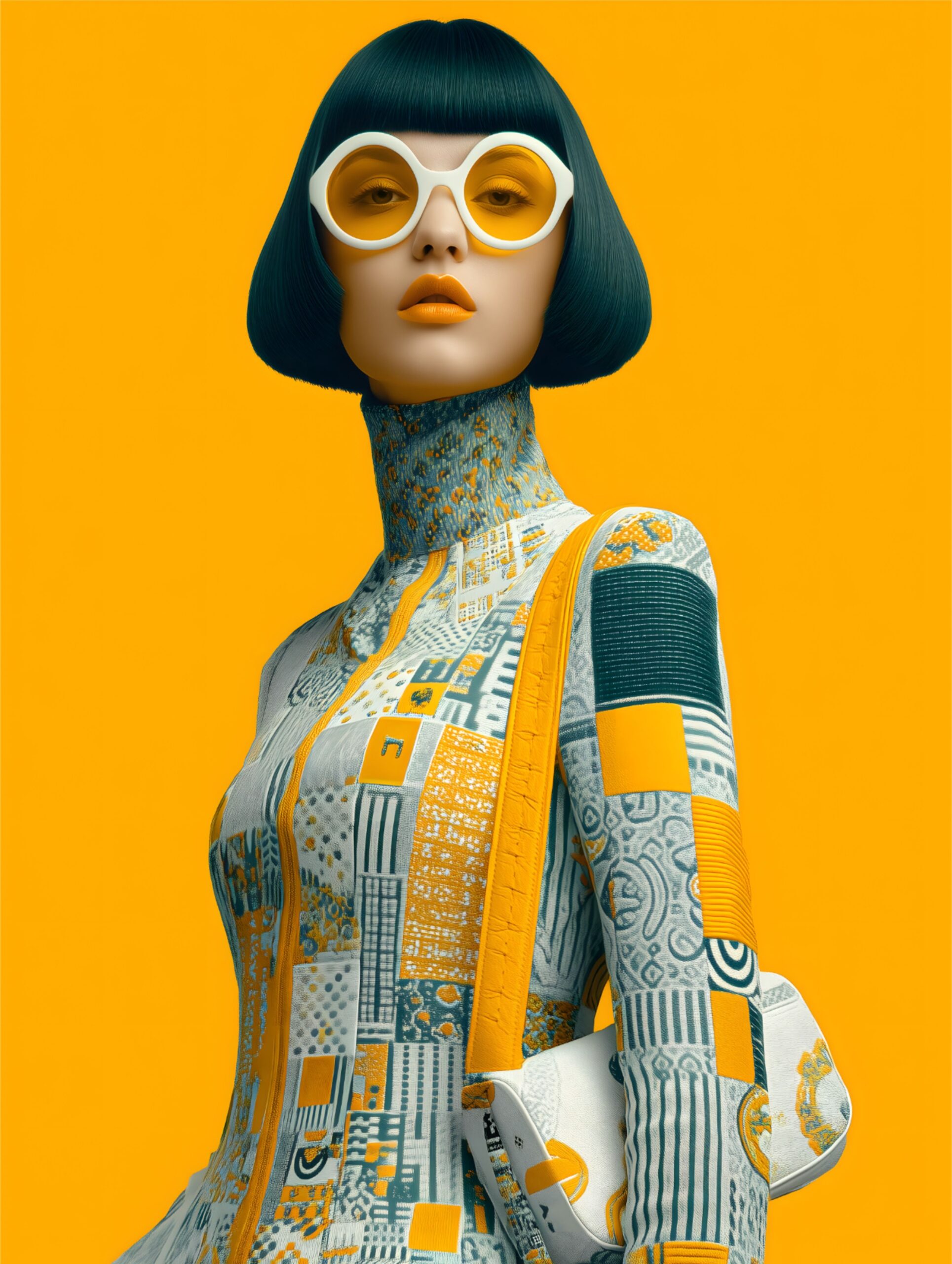 Futuristic Yellow Fashion Portrait, Stylish Woman with Bold Glasses and Modern Outfit