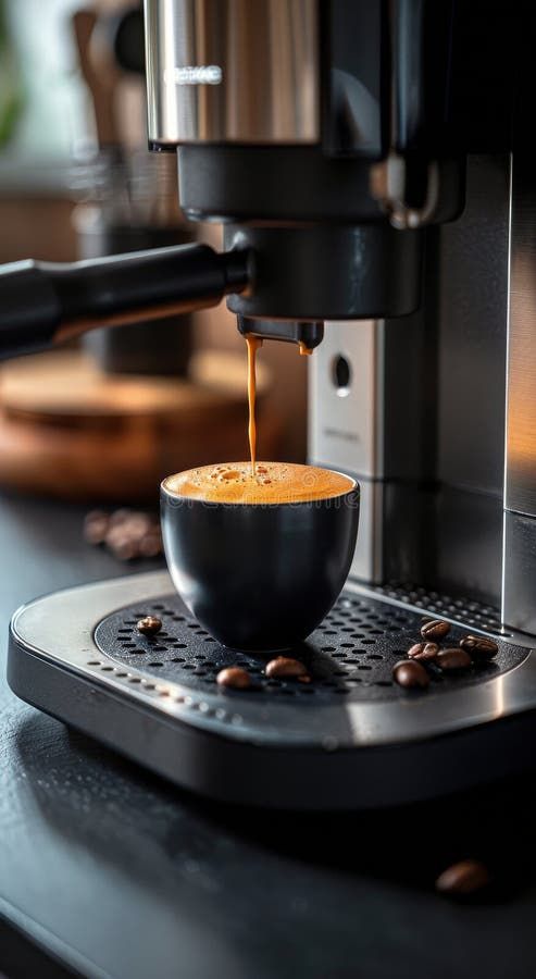 Espresso Machine Pouring Coffee Into Black Mug With Latte Art stock image