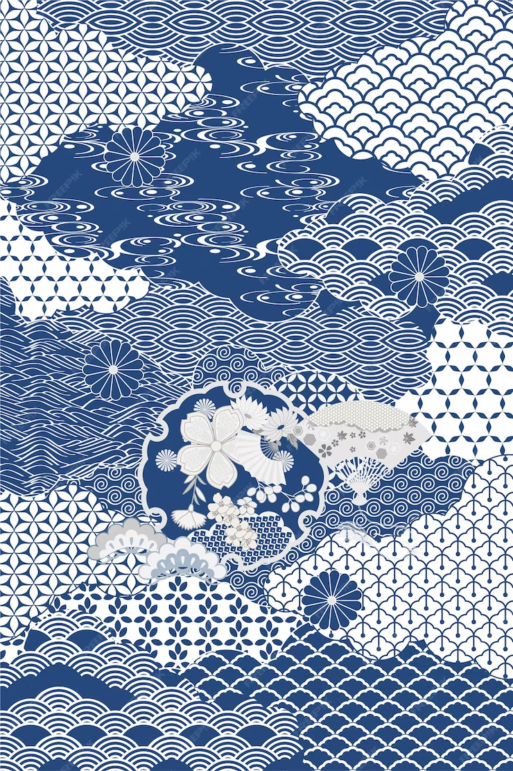 A blue and white japanese pattern with a flower and the word hieroglyphs. | Premium Vector