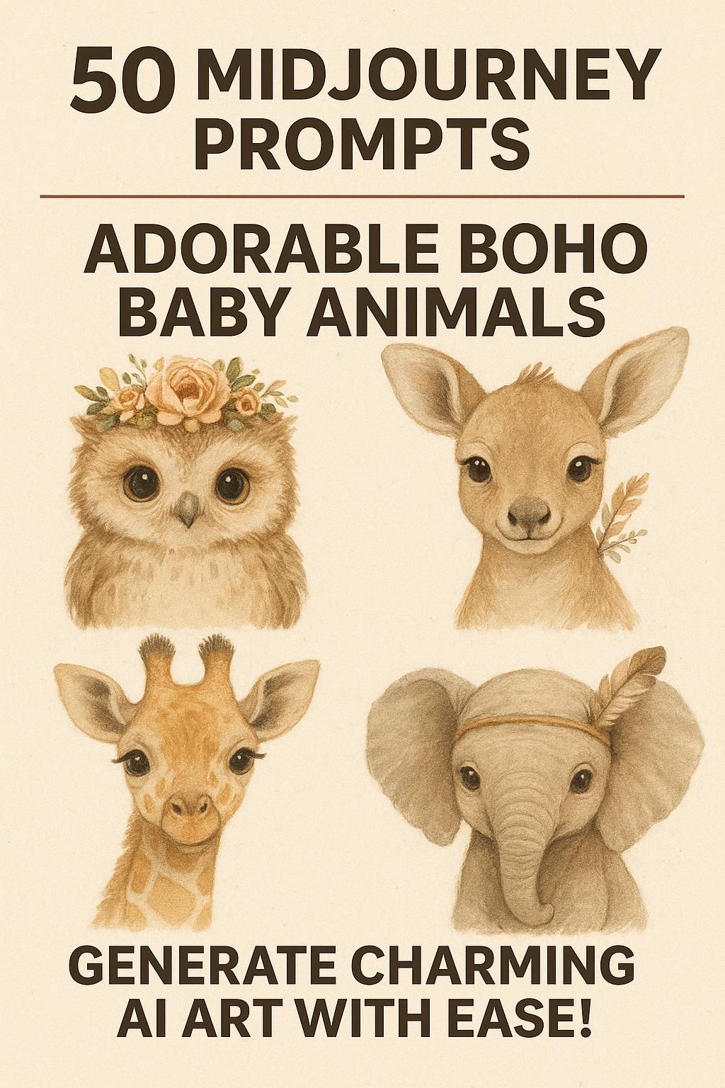 Clipart bébé animal bohème : 50 invites artistiques IA à mi-parcours (téléchargement numérique)