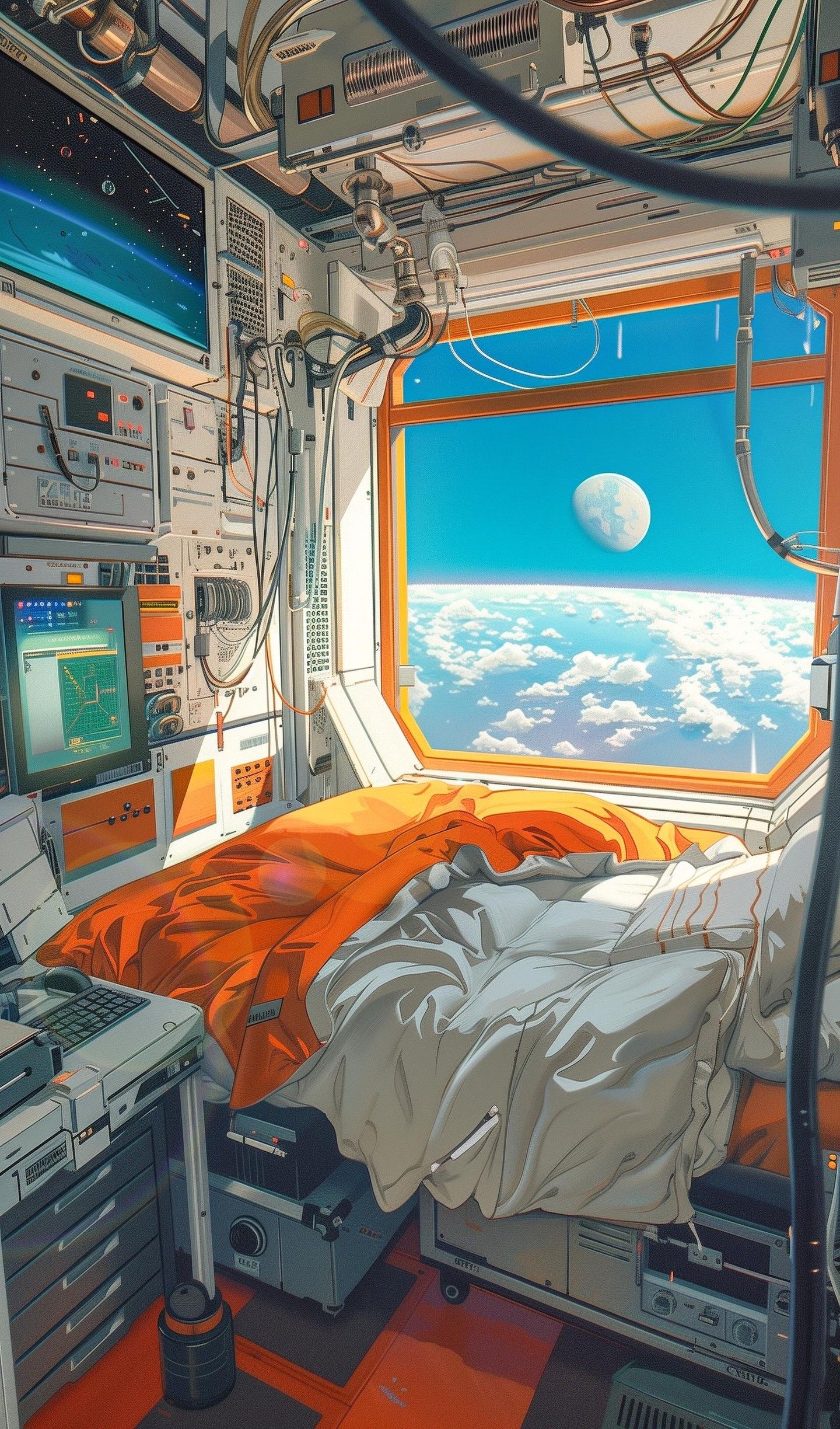 Space Station Bedroom | Anime Art | Futuristic View | Earth and Moon