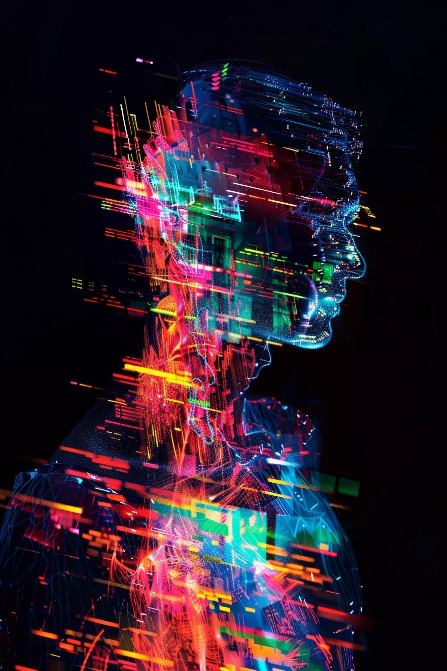 a man’s face is illuminated by neon lights