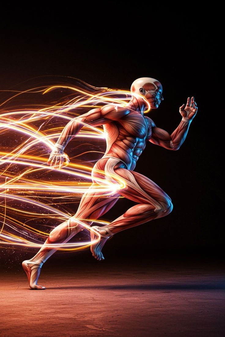 Dynamic muscular runner with energy trails (AI)