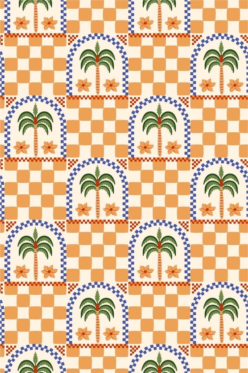 Summer tropical checkered seamless pattern. Retro chess print with palm trees in arch.