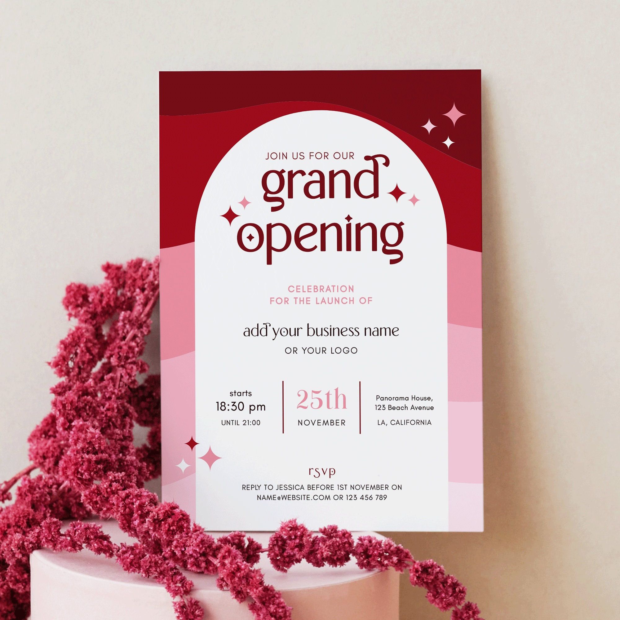 Modèle d’invitation d’inauguration moderne, flyer de lancement de petite entreprise modifiable, design rétro rouge et rose, modèle de marketing d’événement d’entreprise NF01