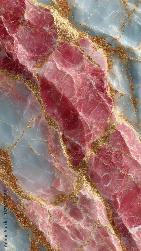 Stock-Foto „Striking natural stone pattern featuring vivid colors and intricate textures in shades of red and blue with golden accents“ | Adobe Stock