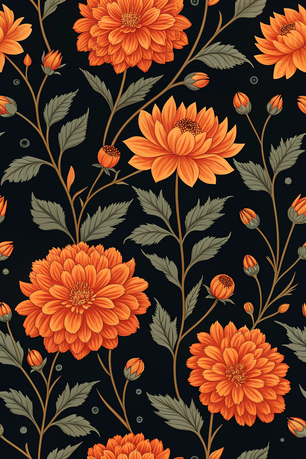 🧡 Large Orange Flowers on Black – Seamless Floral Pattern ✨