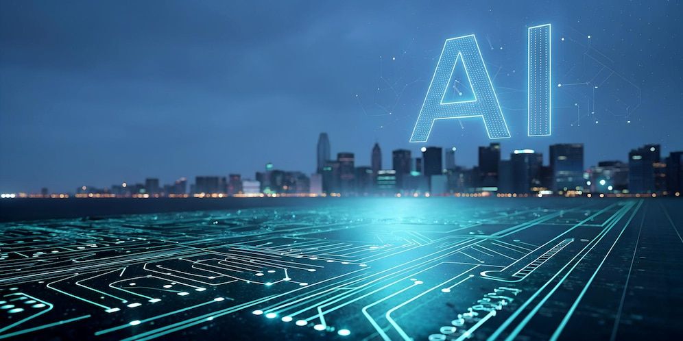 Futuristic cityscape horizon with glowing ai text and circuit lines | Premium AI-generated image