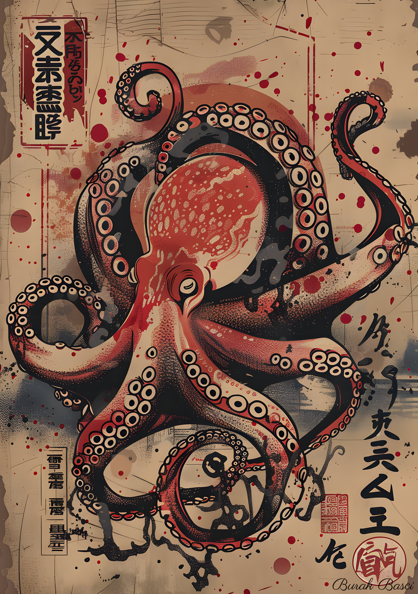 Stylized Octopus in Ukiyo-E Style: Japanese Artwork