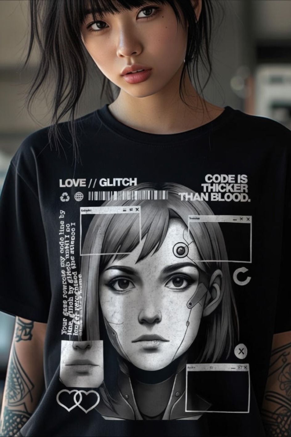 Cyborg Girl Glitch Art Futuristic Poetic Techwear T-Shirt