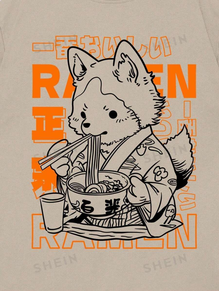 ROMWE Anime Men Cartoon & Letter Graphic Tee, School