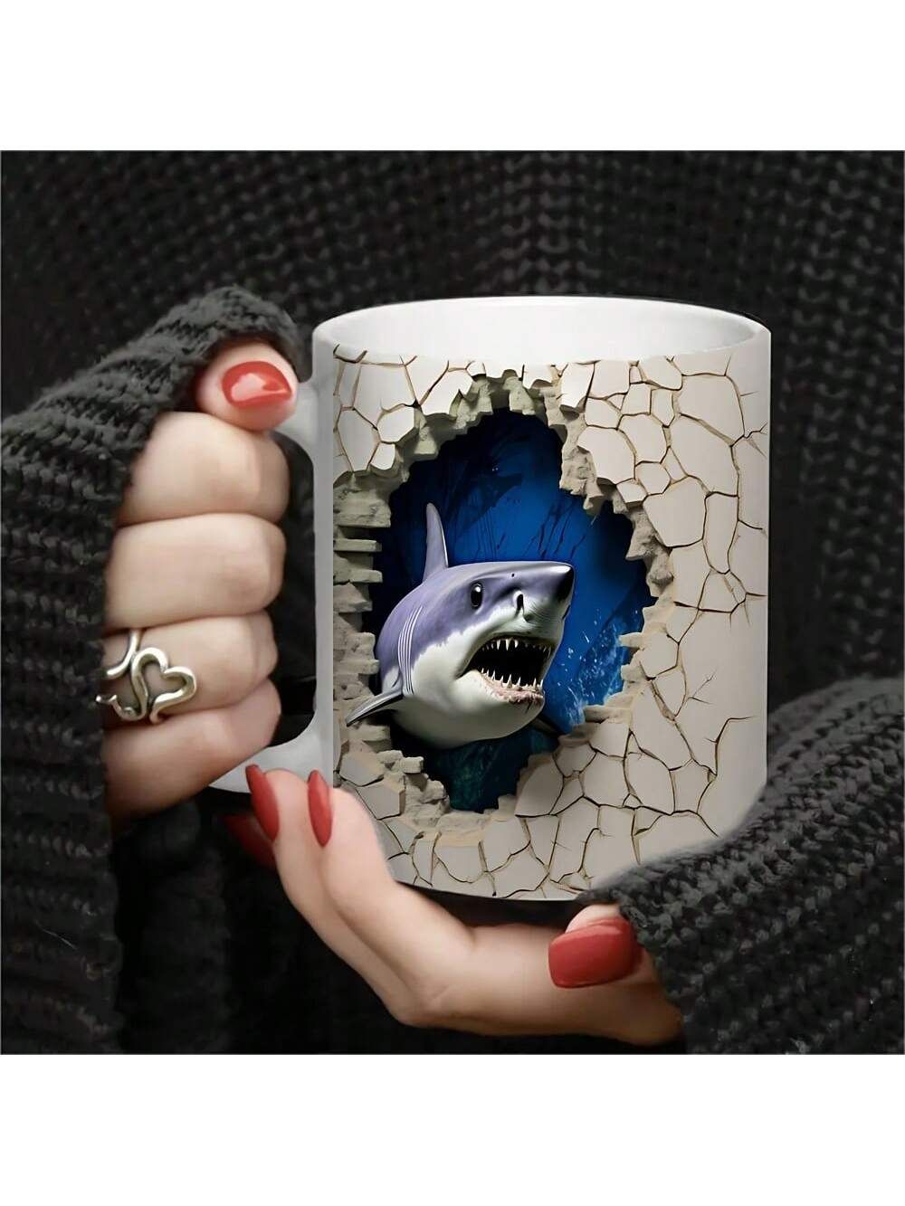 1pc, Large 11oz Insulated Fierce Shark Ceramic Coffee Cup With Gift Box – Keeps Drinks Hot/Cold, Reusable, Multipurpose, Animal Print Design, Perfect For Summer And Winter, Great Gift For Family And Friends