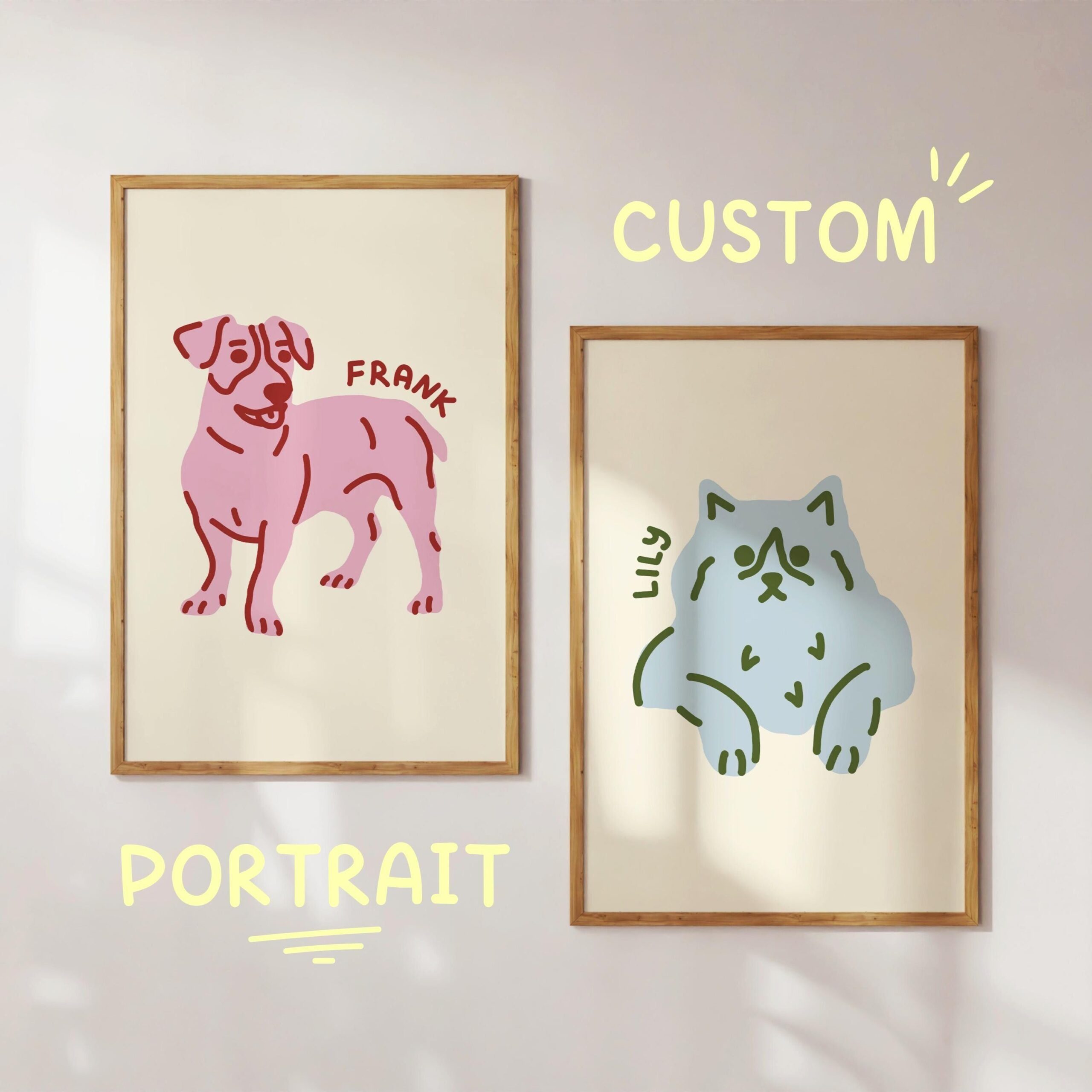 Impression d’art personnalisée portrait d’animal de compagnie, art mural illustration animale dessinée à la main, dessin d’animal de compagnie dessin animé minimaliste personnalisé, cadeau unique et significatif