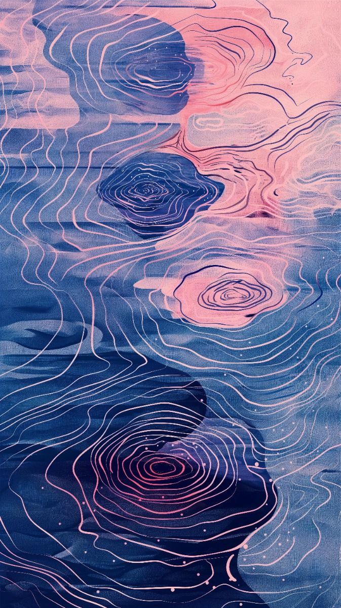 Minimal digital illustration with neon pink and blue water ripples