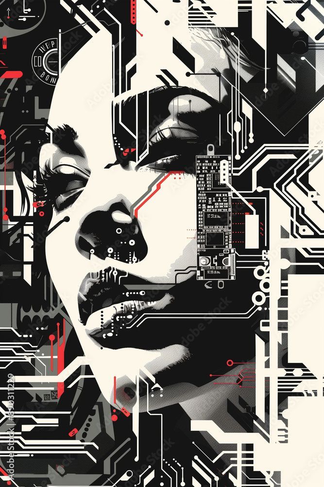 Futuristic robot woman head with computer board close-up