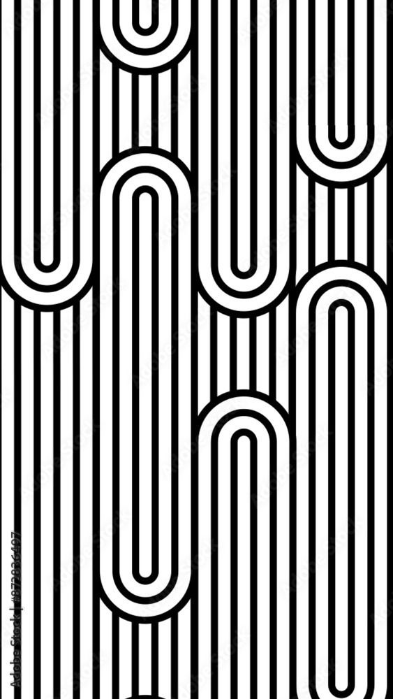 Striped texture black white circular pattern. Round squares seamless looped. Abstract vertical universal retro animation. Elegant memphis 80s 70s. Digital lines. Linear Ornament. Waves ellipse BG Stock Illustration
