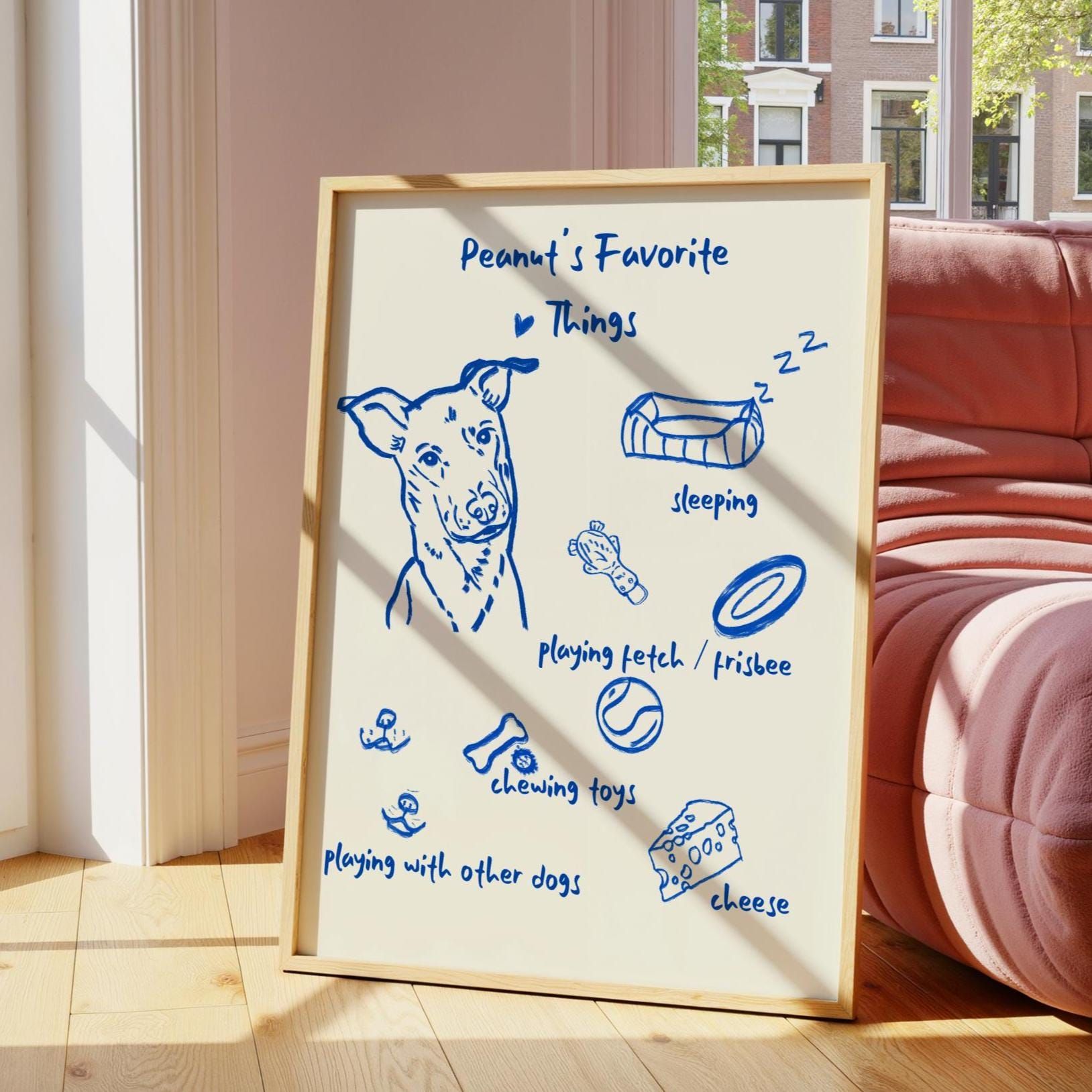 Art du portrait des choses préférées de l’animal personnalisé, affiche de chien unique mal dessinée à la main, art mural chien lunatique, cadeau moderne pour parent d’animal de compagnie, minimaliste