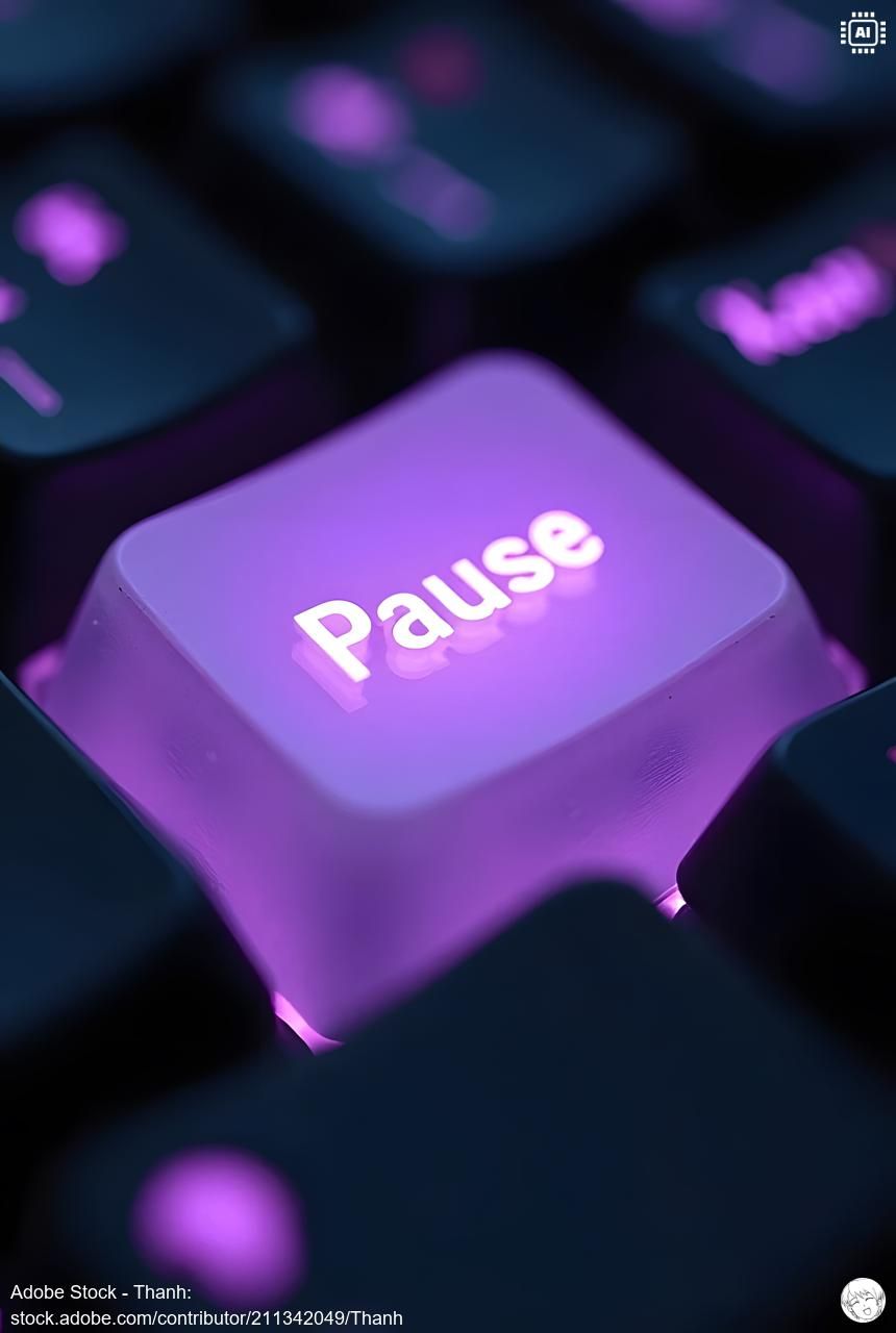 Purple illuminated pause key keyboard macro shot vertical – Adobe Stock (170725431545)