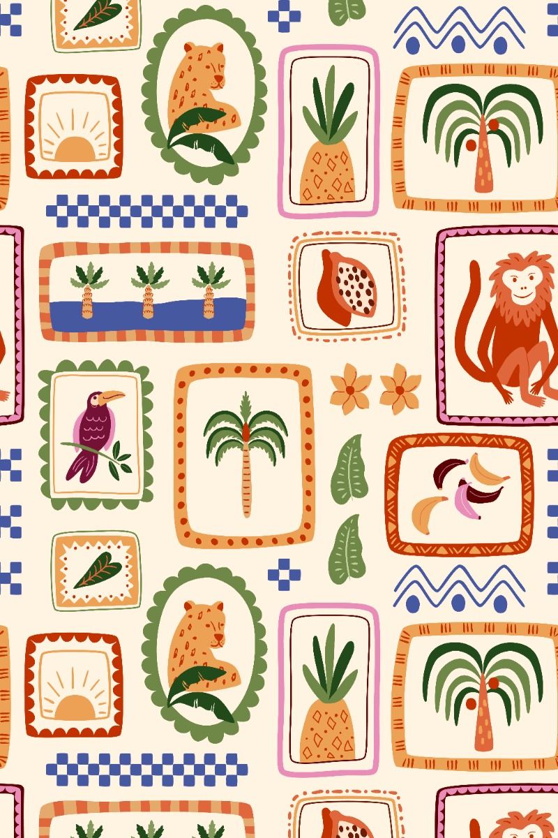 Tropical patchwork seamless pattern. Cute jungle framed repeat background.