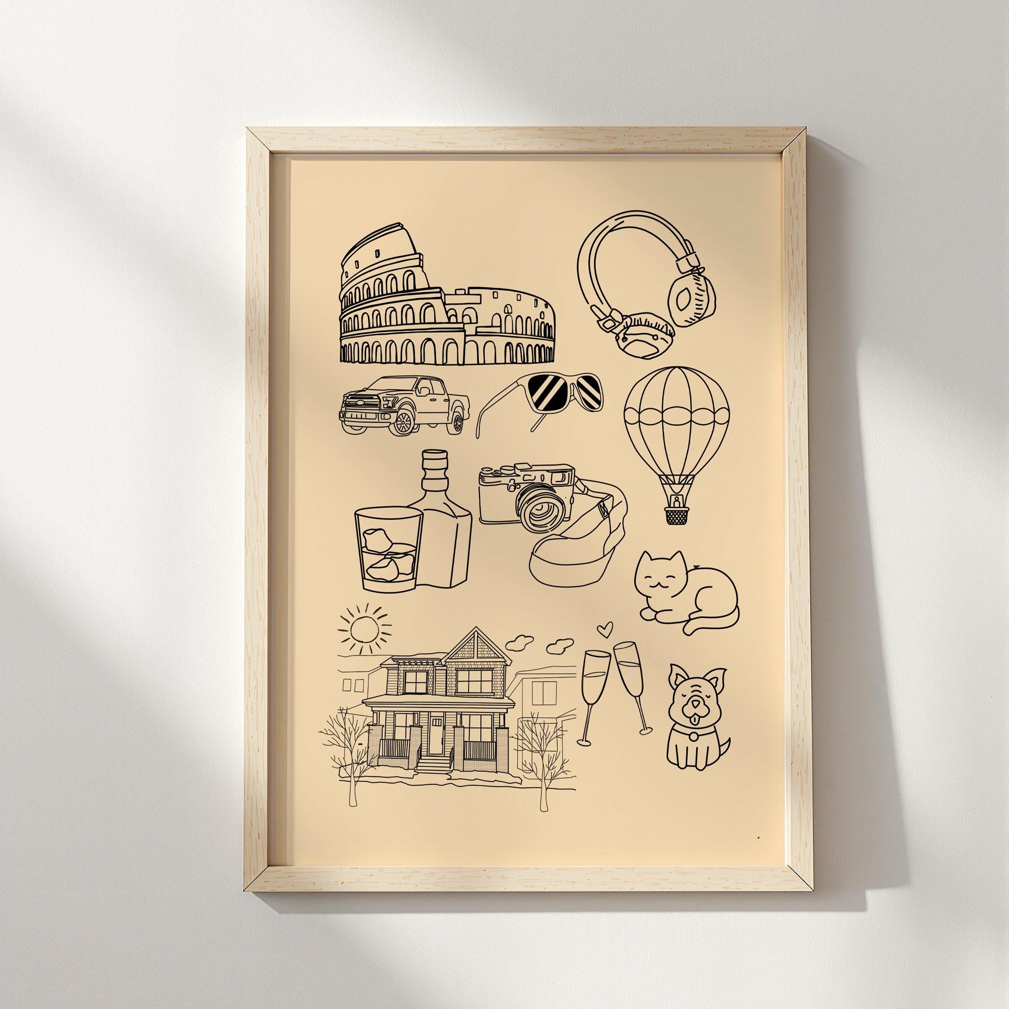 Illustration personnalisée dessinée à la main de vos objets préférés : dessin au trait personnalisé (téléchargement numérique)