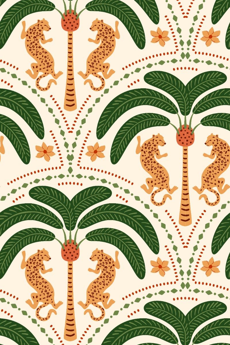 Tropical palm tree Asian leopard seamless pattern. Cute jungle damask ornament