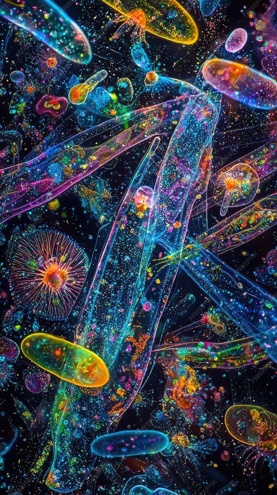 Vibrant and colorful microscopic view of plankton showcasing intricate details and structures this captivating image highlights beauty of marine life at microscopic level revealing world full of won | Premium AI-generated image