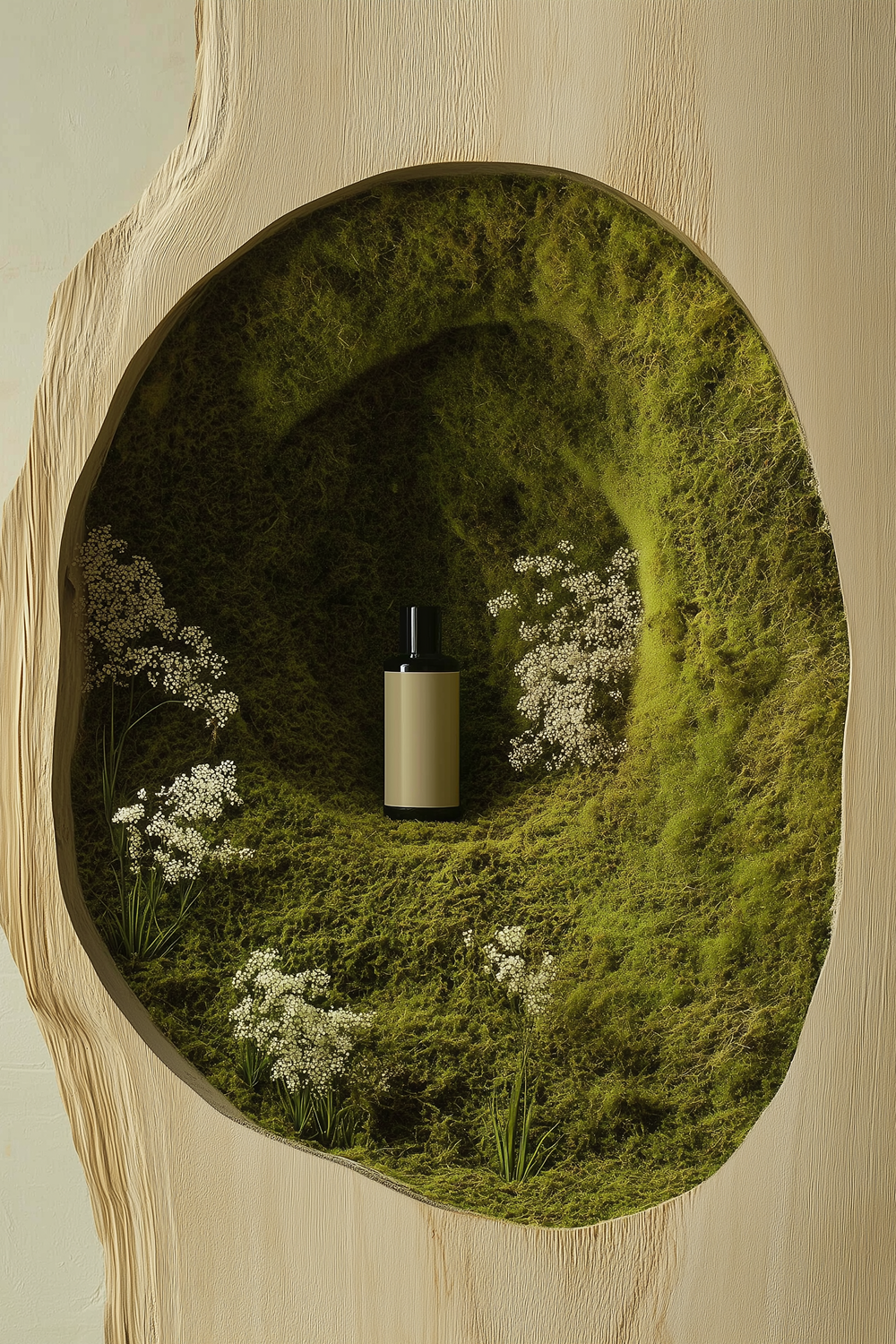 Cosmetics bottle generated by AI in green grass