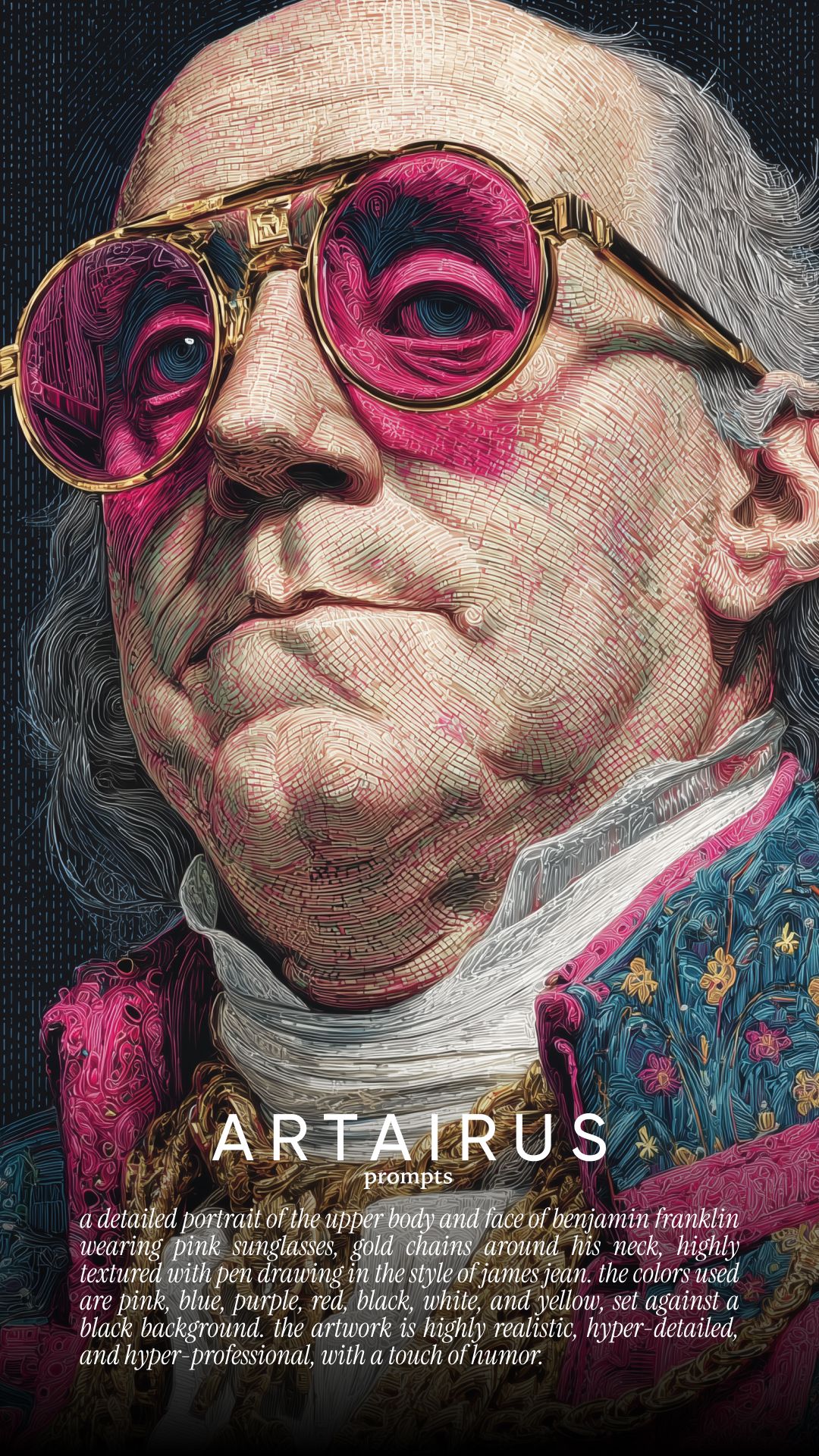 Benjamin Franklin Cool Art – Pink Sunglasses & Gold Chains Portrait in Detailed Pen Style