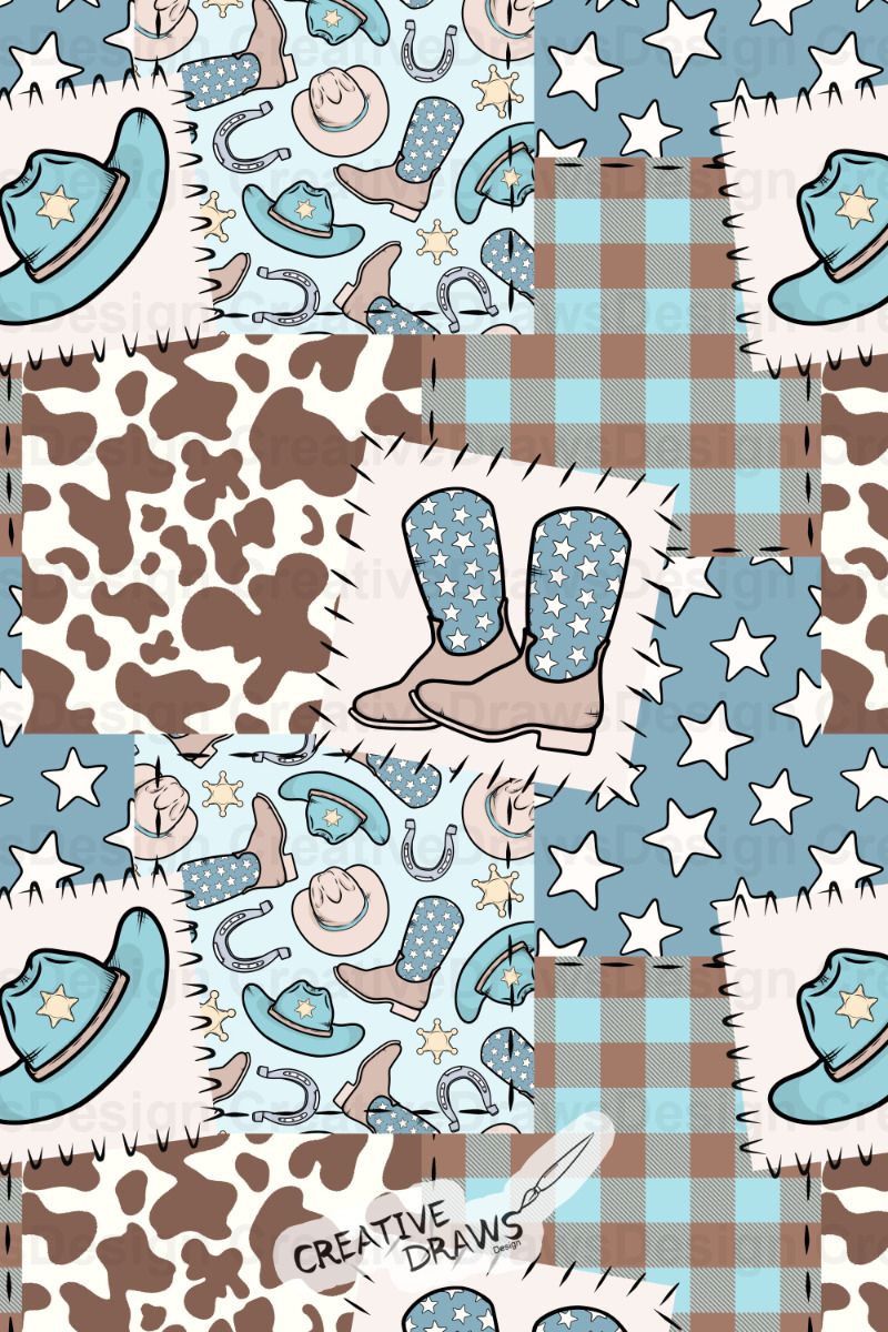 Cowboy Western Patchwork Digital Seamless Pattern Design for Commercial Use