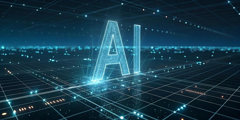 Glowing digital grid with cyan ai letters and vertical light beams | Premium AI-generated image