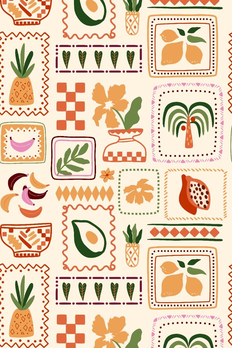 Tropical patchwork seamless pattern. Summer vector geometric frame with exotic fruits.