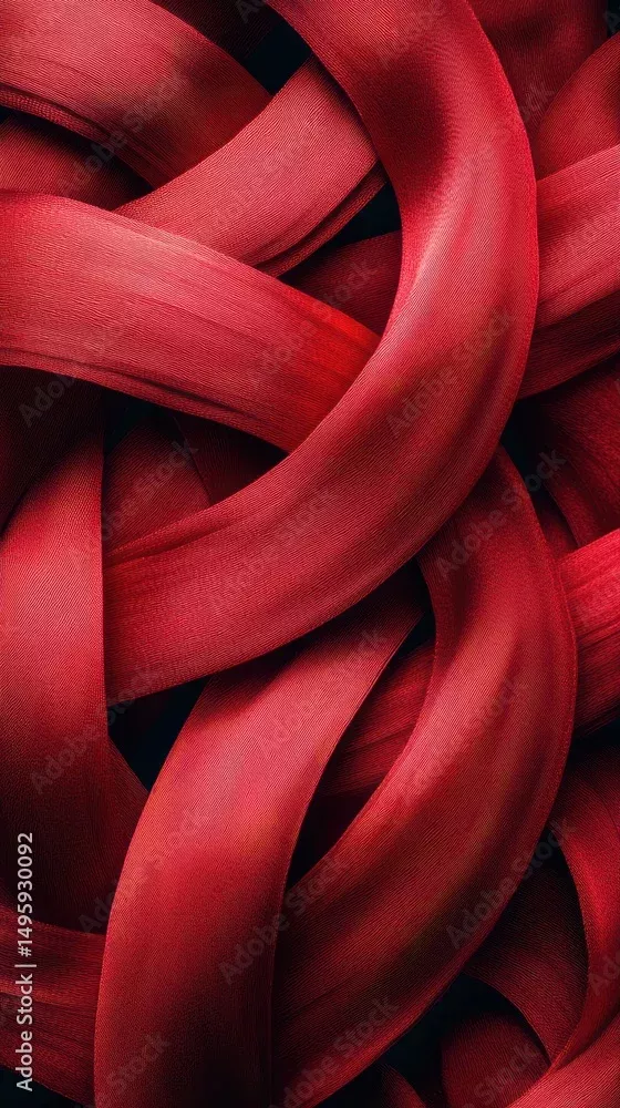 Stock-Foto „Elegant red silk ribbons intertwined in a dynamic pattern showcasing texture and depth“ | Adobe Stock