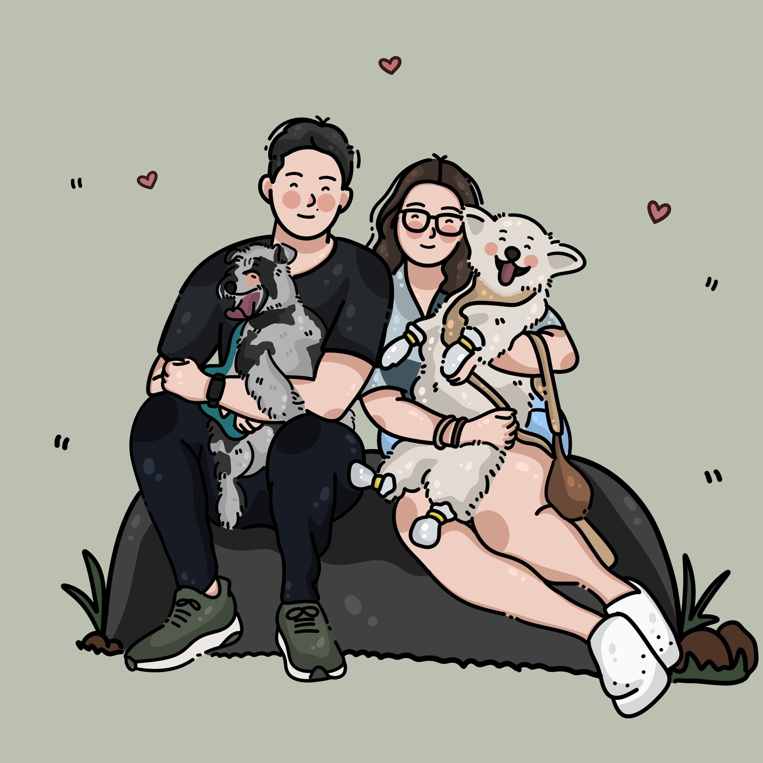 Portrait personnalisé de couple et d’animal de compagnie : cadeau d’art numérique personnalisé