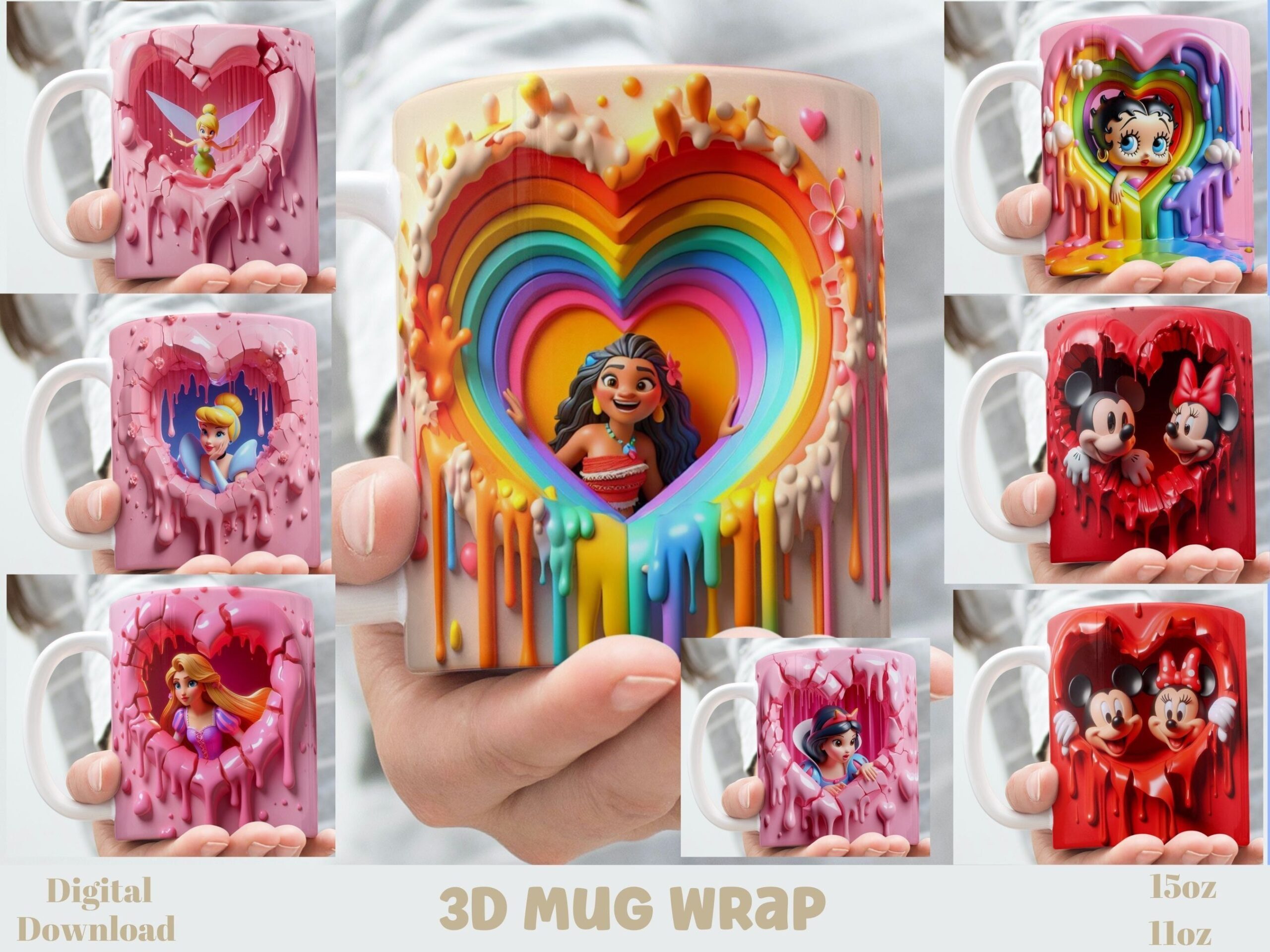 3D Effect Heart Mug Wraps for Classic Cartoon Lovers