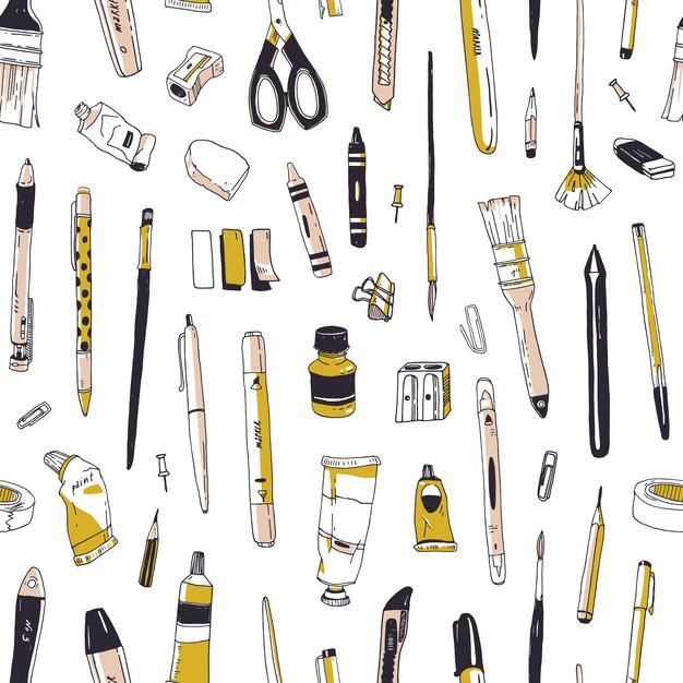 Vintage Hand-Drawn Stationery Pattern with Drawing Utensils for Wrapping Paper and Wallpaper