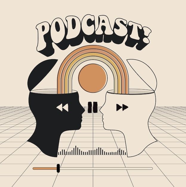 Podcast show cover design template in boho style with two heads looking to each other and rainbow | Premium Vector