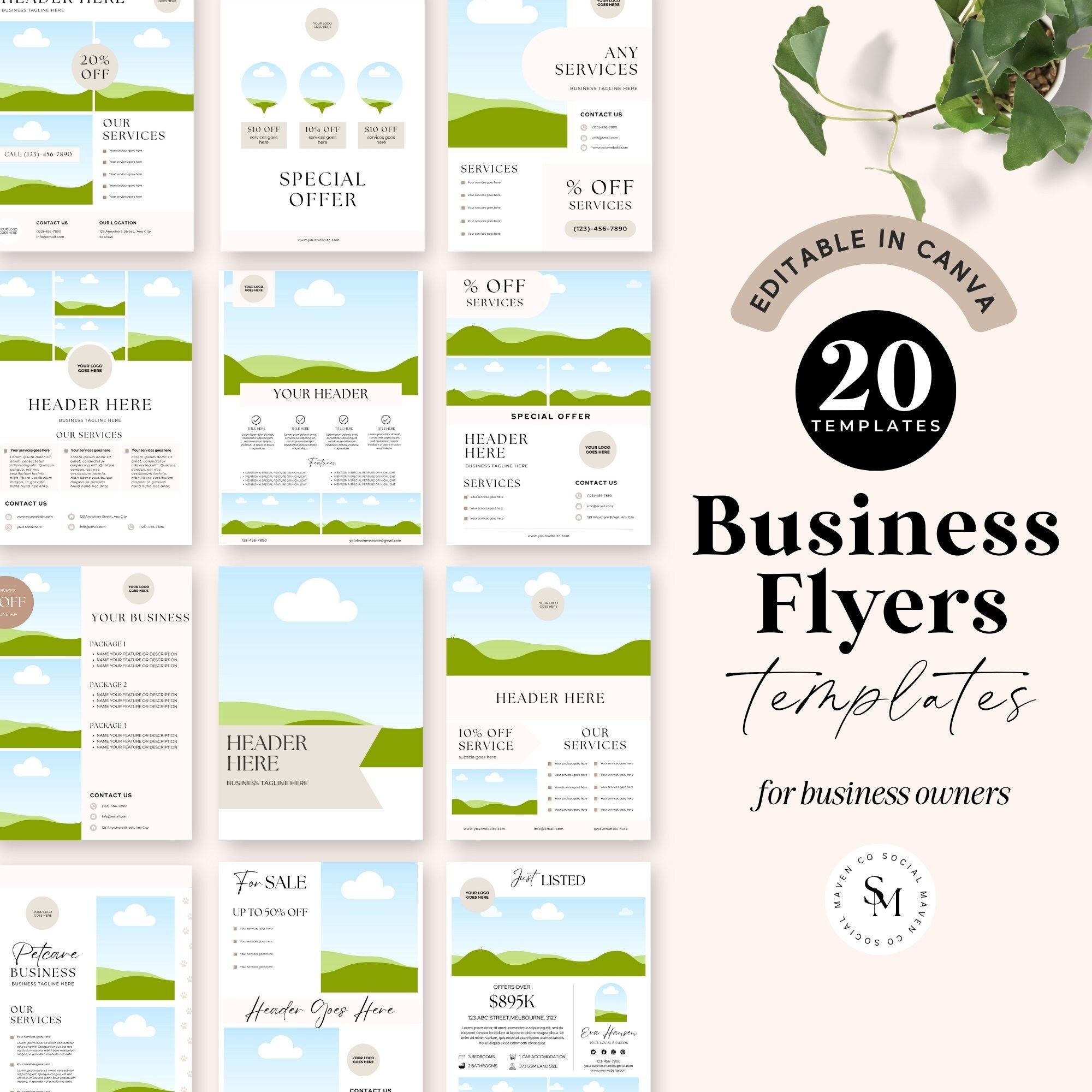 20 modèles de flyers d’entreprise, modèles de flyers prédéfinis, modifiables dans Canva, dépliants de vente, dépliants de boutique, dépliants d’affaires pour femmes, dépliants d’agent immobilier