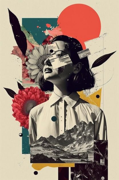 Various colored objects on the face black and white portrait and clippings from vintage magazines on background ai generated modern design of colorful and conceptual bright art collage | Premium AI-generated image